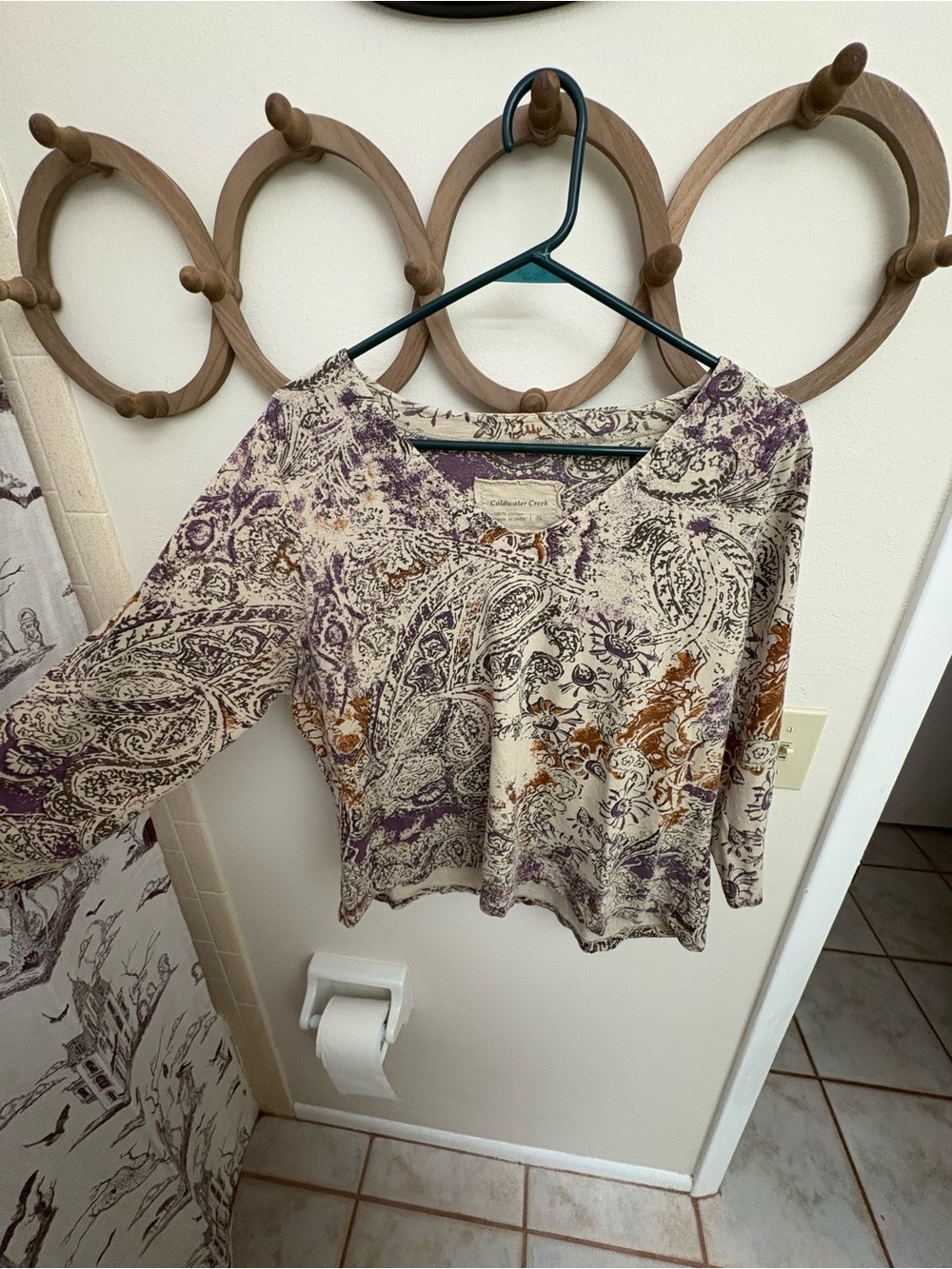 Coldwater Creek Cream Paisley Long-Sleeve Tee with Purple and Brown Motifs